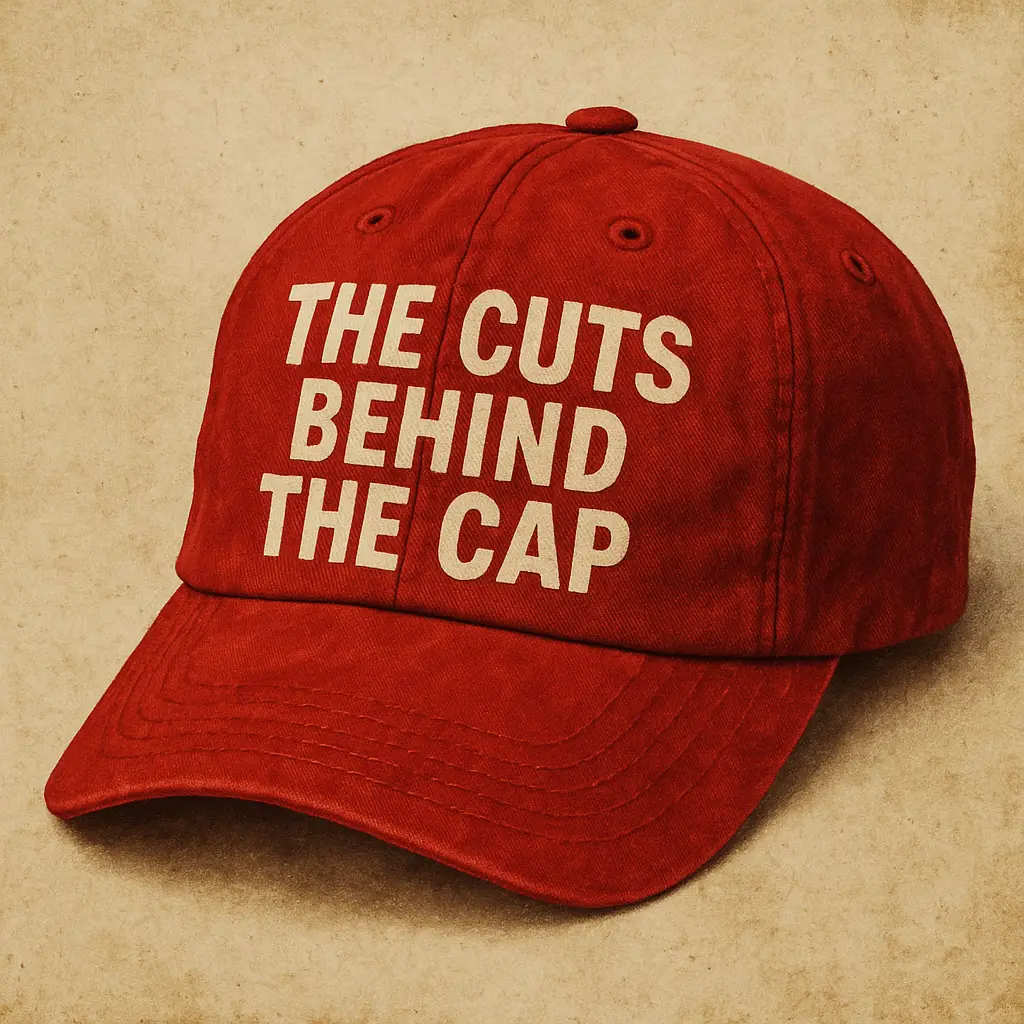 A red baseball cap with white block letters reading “THE CUTS BEHIND THE CAP” on the front panel. The image has a grainy, vintage texture in beige and muted tones. The cap appears slightly worn, set against a distressed background suggestive of aged paper or fabric.