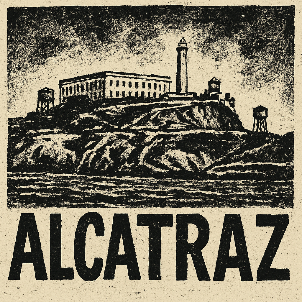 A grainy, black-and-white protest-style print of Alcatraz Island, featuring the prison building, guard towers, and lighthouse on a rocky outcrop. Below the image, bold, block lettering reads “ALCATRAZ,” evoking a stark, vintage aesthetic