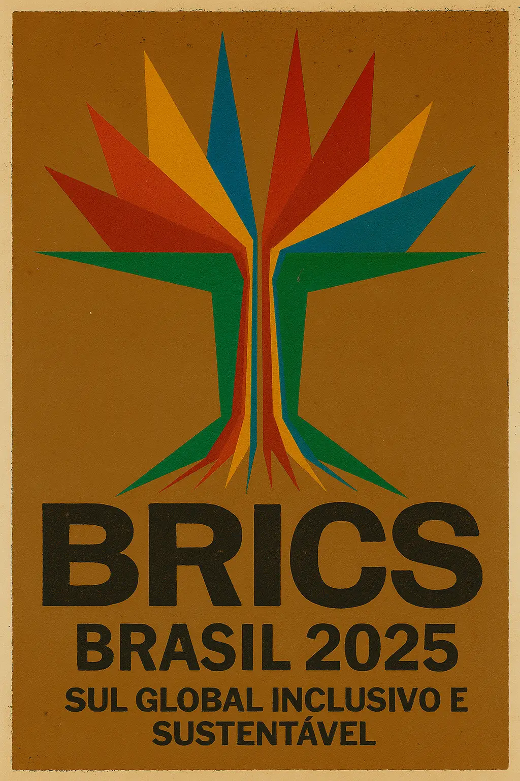 A graphic poster with a textured, warm brown background. At the centre is the BRICS 2025 logo: a stylised, symmetrical burst of colourful triangles forming a tree-like shape, using vivid red, orange, yellow, green, and blue tones. Beneath the logo, bold black text reads “BRICS,” followed by “BRASIL 2025” and the Portuguese phrase “SUL GLOBAL INCLUSIVO E SUSTENTÁVEL.” The overall design evokes a mid-century political aesthetic with modern international symbolism.