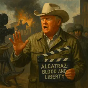 A satirical, realistic-style painting shows Donald Trump dressed as a film director in a tan cowboy hat and military-style jacket, holding a clapperboard that reads “ALCATRAZ: BLOOD AND LIBERTY.” He gestures with one hand as if shouting directions on a chaotic film set. Behind him, National Guard soldiers stand watch while a saloon burns in the distance. A film camera captures the scene, and an alligator’s head emerges from the lower corner, adding to the absurdity of the spectacle.