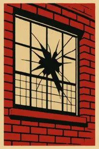 A stylised screen-printed poster, depicting a broken factory window set in a red brick wall. The shattered glass forms sharp, black jagged lines against a beige background, with thick black outlines and graphic shadows. The design uses bold, limited colours—red, black, beige—and a grainy, stippled texture to evoke the mood of militant industrial unrest.