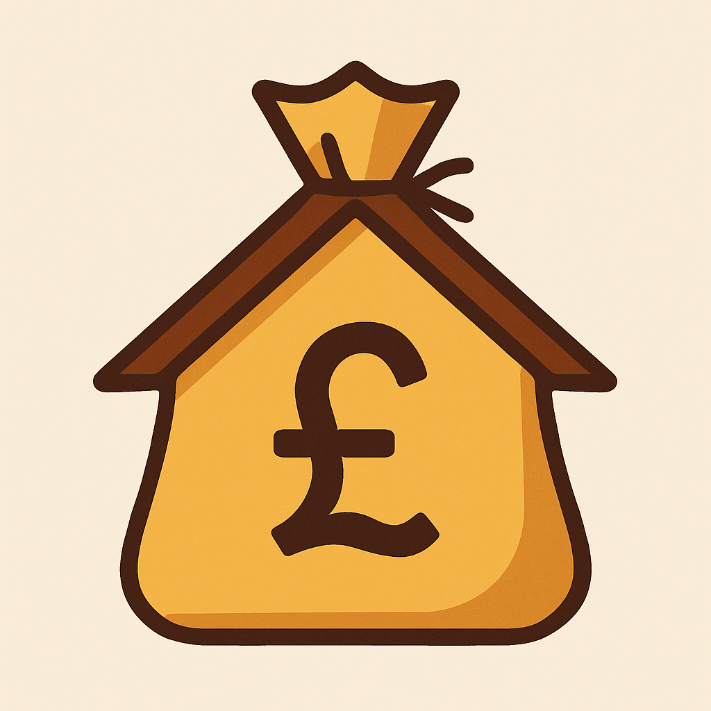 A flat, two-dimensional digital illustration of a yellow house shaped like a money bag, with a large black British pound (£) symbol on its front. The house has a dark brown roof that mimics the tied top of a drawstring bag, set against a light beige background. The image symbolises the commodification of housing and its treatment as a financial asset.