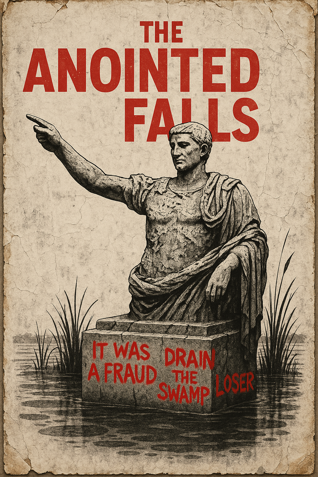 A weathered protest-style poster titled "THE ANOINTED FALLS" features a crumbling Roman-style statue of a robed male figure with an outstretched arm, half-submerged in a swamp. The black-and-white image is overlaid with red stencil graffiti reading “IT WAS A FRAUD,” “DRAIN THE SWAMP,” and “LOSER.” The poster’s edges are torn and stained, evoking a gritty, decayed aesthetic.