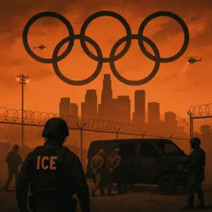 A digital illustration depicts a heavily fortified Los Angeles under an oppressive orange sky. The Olympic rings loom ominously above the downtown skyline. In the foreground, ICE officers in tactical gear oversee handcuffed detainees being led toward a black van, surrounded by barbed wire fencing and floodlights. Military helicopters circle overhead, reinforcing the atmosphere of surveillance and state control.