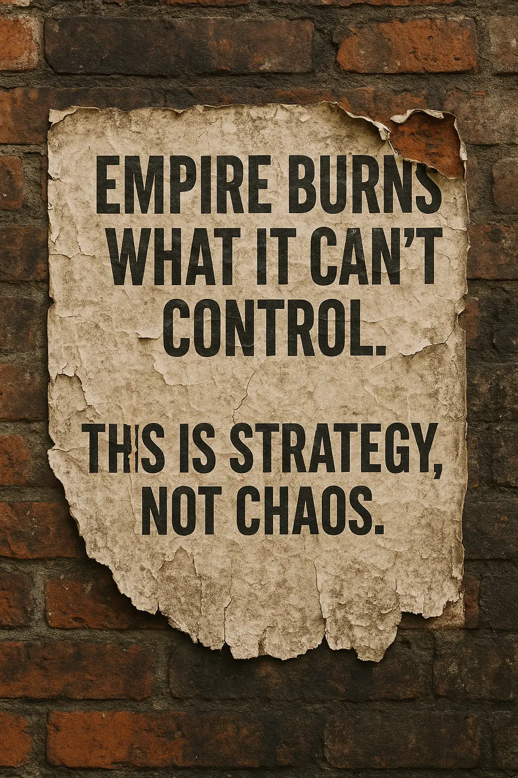 A weathered protest poster clings to a dirty old brick wall. The poster is torn and peeling at the edges, with faded, cracked paper. Bold black text reads: “EMPIRE BURNS WHAT IT CAN’T CONTROL. THIS IS STRATEGY, NOT CHAOS.” The background bricks are grimy and uneven, adding to the gritty, defiant aestheti
