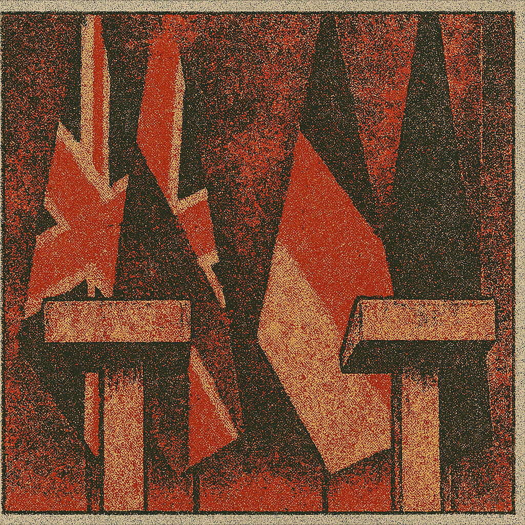 A vintage, protest-style print featuring two empty wooden podiums positioned in front of large, grainy depictions of the UK and German flags. The image has a textured, screen-printed look in a red, black, and beige palette, evoking the visual language of 1968 political posters. The flags loom behind the podiums, slightly distorted and overlaid with halftone grit, suggesting absence, power, and ideological theatre.