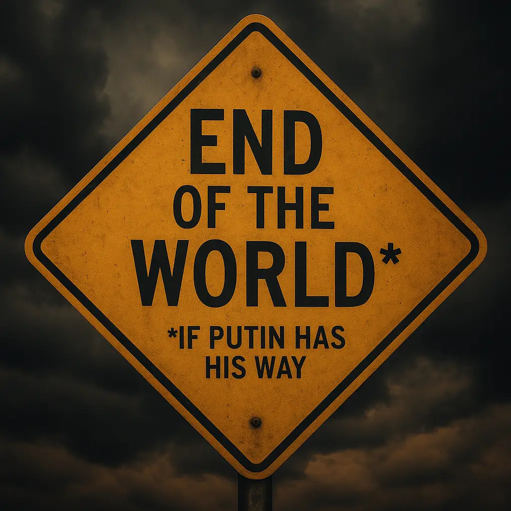 A diamond-shaped, weathered yellow road sign stands against a backdrop of dark storm clouds. The sign reads "END OF THE WORLD*" in bold black letters, with a small asterisk. Below it, in smaller text, the caption reads "*IF PUTIN HAS HIS WAY." The sign appears aged and rusted, evoking a sense of dystopia and looming catastrophe