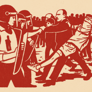In red ink on textured beige paper, a line of riot police with visors and shields confronts an angry crowd. One masked protester is being pulled back mid-leap. The figures are stylised and simplified, with harsh lines and dramatic motion, evoking urgency and confrontation. In the background, blocky lettering hints at a school building.