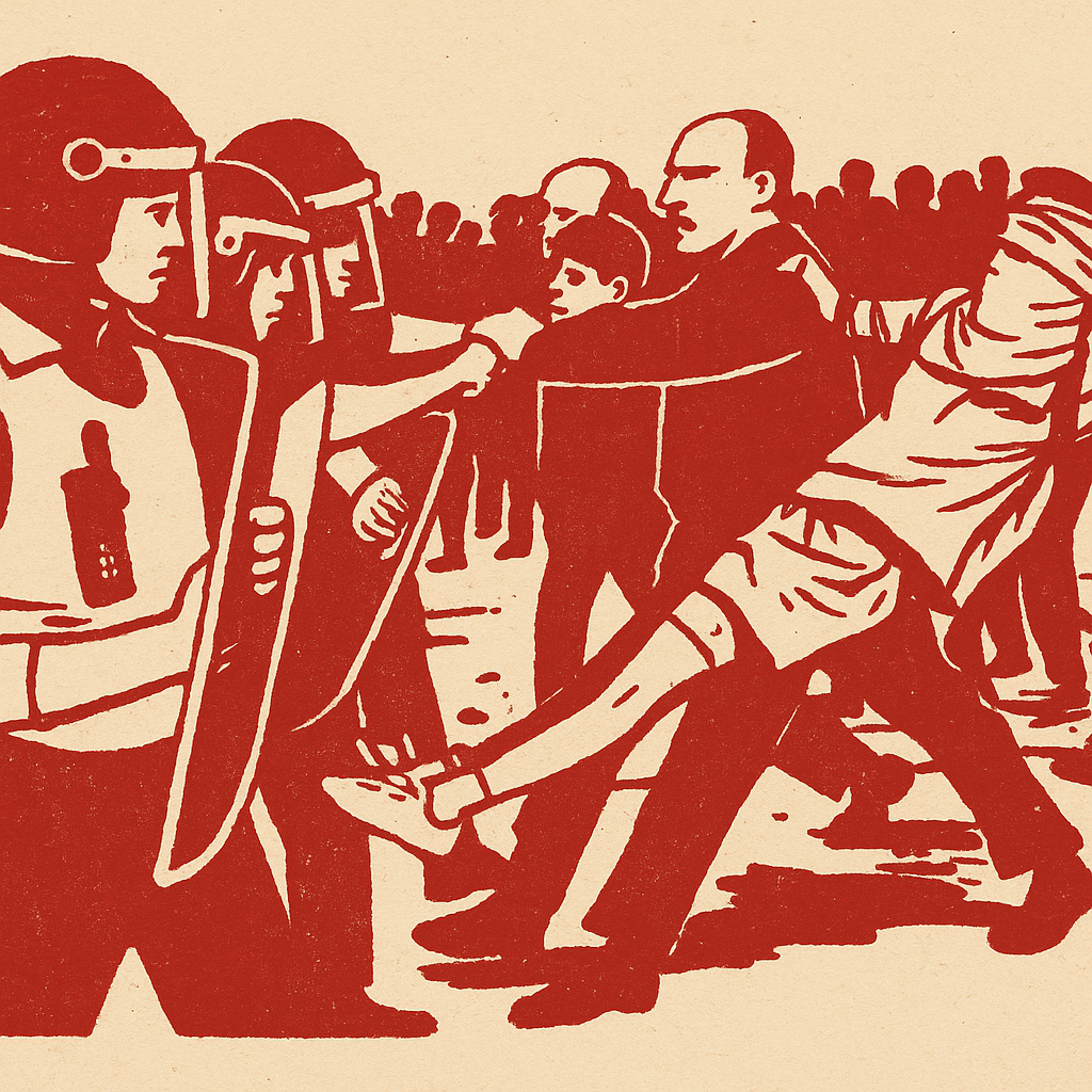 In red ink on textured beige paper, a line of riot police with visors and shields confronts an angry crowd. One masked protester is being pulled back mid-leap. The figures are stylised and simplified, with harsh lines and dramatic motion, evoking urgency and confrontation. In the background, blocky lettering hints at a school building.