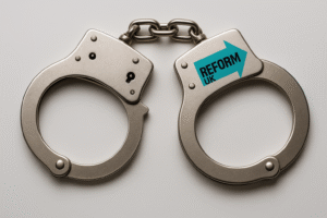 A pair of metallic handcuffs lies open on a neutral surface. One cuff is marked with the Reform UK logo—a turquoise arrow with bold black text—suggesting authoritarian control or punitive policies associated with the party.