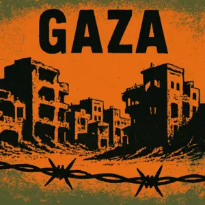 Graphic in distressed orange, black, and olive green. The image shows ruined buildings silhouetted against a stark sky, with jagged barbed wire stretching across the foreground. The word “GAZA” appears in large, block letters at the top, evoking a sense of confinement, devastation, and resistance.