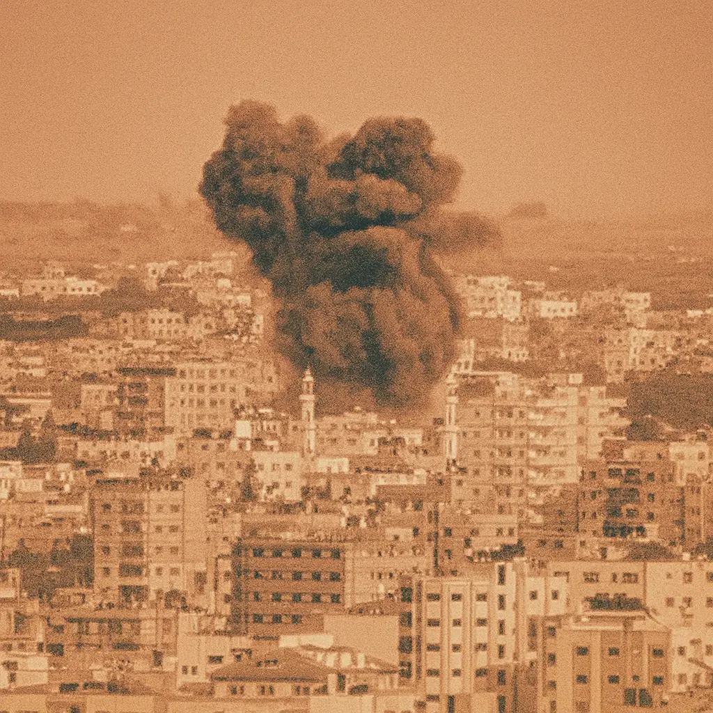 A grainy, vintage-style image depicting a dense urban skyline with mid-rise buildings. A large, dark plume of smoke rises ominously from the city centre, suggesting a recent explosion. The image is rendered in a washed-out, sepia-orange tone, evoking a 1968 protest poster aesthetic with high contrast and nostalgic texture. A mosque minaret is visible among the buildings, hinting at the city's Middle Eastern setting.