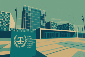 Digital illustration of the International Criminal Court building in The Hague. The image uses a limited palette of teal, turquoise, muted beige, and deep blue. The building’s modern glass facade is simplified into geometric blocks, and the foreground features a bold sign with the ICC’s logo and name in French and English. The overall effect evokes mid-century graphic design, with clean lines, high contrast, and a subdued, politically charged tone.