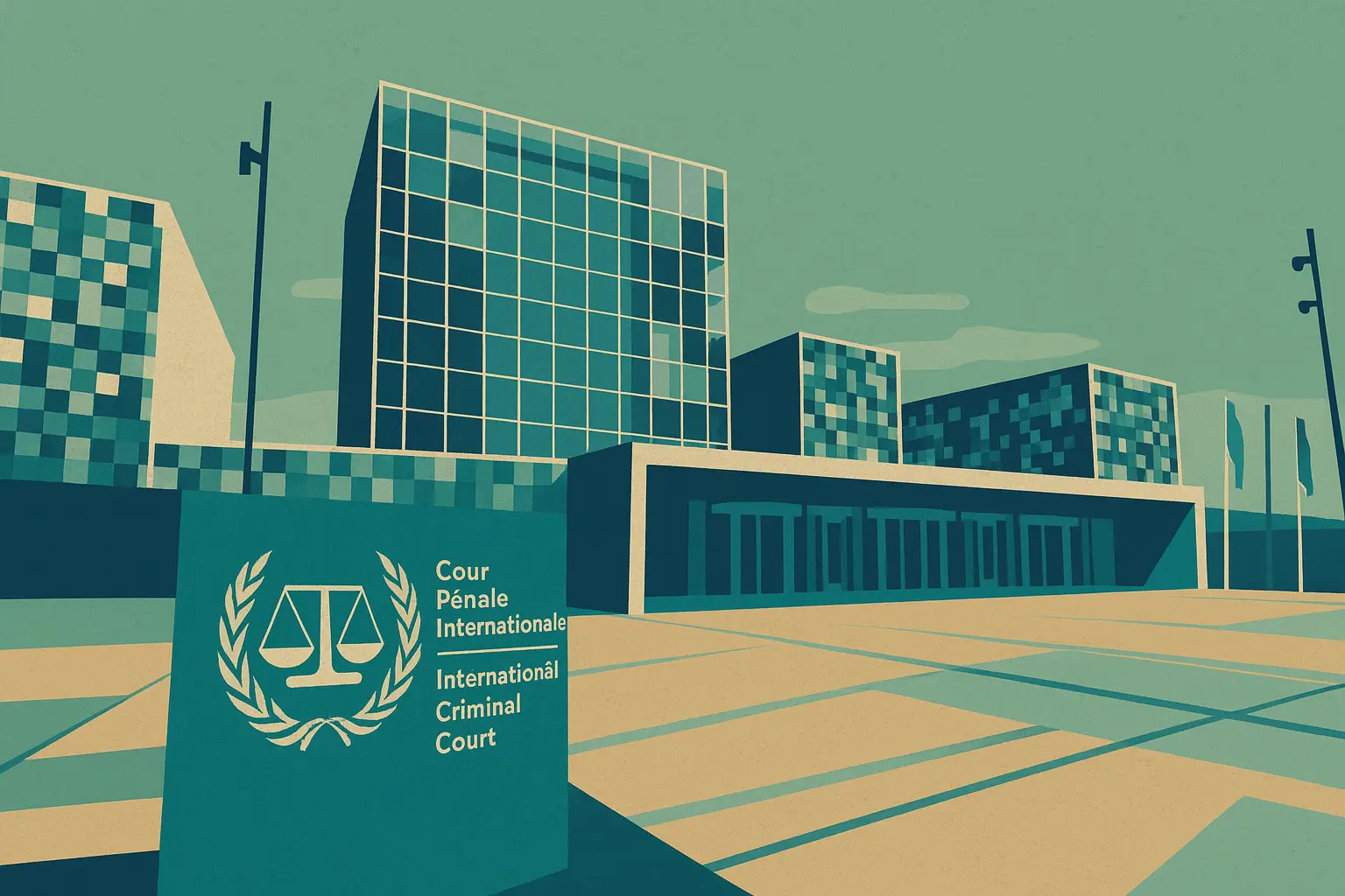 Digital illustration of the International Criminal Court building in The Hague. The image uses a limited palette of teal, turquoise, muted beige, and deep blue. The building’s modern glass facade is simplified into geometric blocks, and the foreground features a bold sign with the ICC’s logo and name in French and English. The overall effect evokes mid-century graphic design, with clean lines, high contrast, and a subdued, politically charged tone.