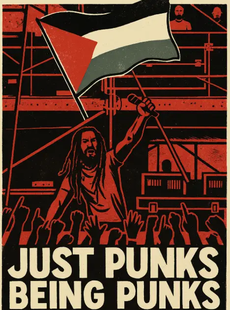 A stylised protest-poster-style illustration in red, black, and beige tones. A punk musician with dreadlocks stands onstage holding a microphone and raising a Palestinian flag triumphantly, facing a cheering crowd with raised fists. Behind him is scaffolding and a control booth, with onlookers observing from above. Bold text at the bottom reads: JUST PUNKS BEING PUNKS