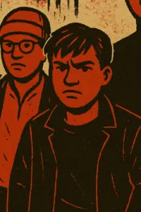 A linocut-style print in bold red, black, and beige tones shows two young men standing side by side. The boy in front wears a dark jacket and t-shirt, his brow furrowed in anger, while the boy behind him wears round glasses and a beanie, looking equally serious.