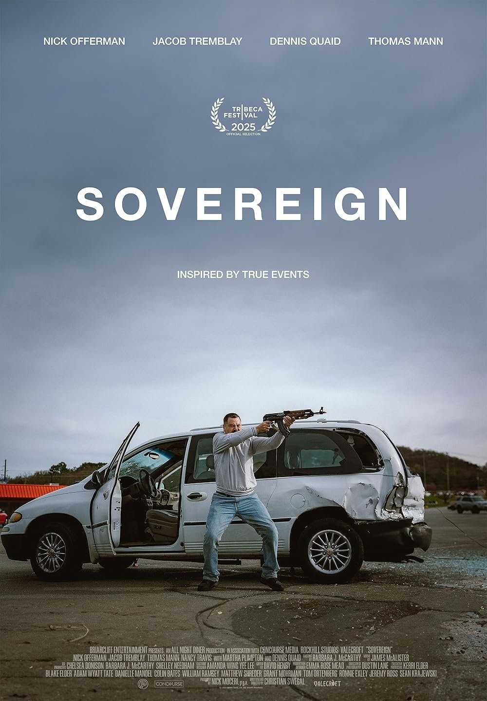A man stands in front of a battered white minivan parked on an empty asphalt lot, holding a shotgun and aiming skyward. The van’s door is open, debris scattered inside. The sky is overcast and the scene feels desolate. Text above reads “SOVEREIGN” with festival laurels and cast names including Nick Offerman and Jacob Tremblay. The overall tone is bleak, tense, and distinctly American.
