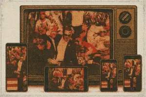 A vintage-style halftone illustration in red, beige, and black shows a chaotic political rally scene displayed across five devices: an old CRT television, a tablet, and three smartphones. The central image on each screen depicts former President Donald Trump being escorted by Secret Service agents through a crowd of supporters. The distressed, grainy texture and muted tones evoke a 1968 protest aesthetic, emphasising media saturation and political spectacle.