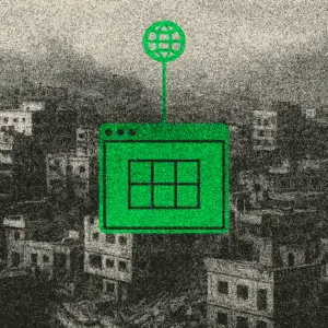 A grainy, black-and-white image of a bombed-out urban landscape, likely Gaza, with ruined buildings and heavy damage. In stark contrast, a bright neon-green digital icon resembling a web browser window with a globe antenna hovers centrally, symbolising the presence or targeting of generative AI over the destruction. The image evokes surveillance, digital militarism, and the cold detachment of technological systems amid human suffering.