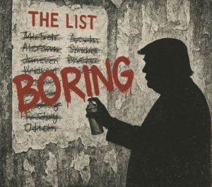 A grainy black-and-white protest-style image of a decaying urban wall covered in torn posters. One poster reads “THE LIST” in red at the top, with a series of names below it, all crossed out and smudged. Standing in front is the silhouette of Donald Trump, caught mid-act spray-painting the word “BORING” in large, dripping red letters over the list. The scene evokes secrecy, denial, and erasure.