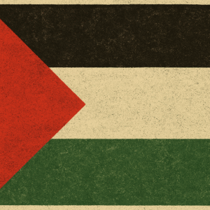 A graphic representation of the Palestinian flag featuring a grainy, textured aesthetic. The design includes a red triangle on the left and three horizontal stripes—black at the top, white in the middle, and green at the bottom—each with a distressed, vintage look evocative of mid-20th century radical printmaking.