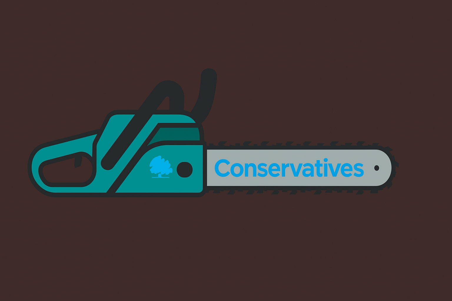A flat, vector-style digital illustration of a teal and grey chainsaw against a dark brown background. The chainsaw features the Conservative Party logo: a stylised blue tree on the body and the word “Conservatives” in bold blue lettering along the blade.