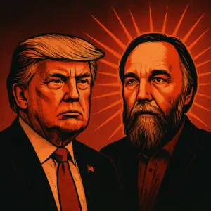A digital illustration features portraits of Donald Trump and Alexander Dugin side by side, rendered in bold red, orange, and black tones. Trump appears stern in a suit and tie, his expression tense, with an American flag pin on his lapel. Dugin gazes forward with a solemn intensity, his thick beard and unkempt hair highlighted by radiating orange rays behind his head, evoking a dark, iconographic halo. The background is a deep red gradient, reinforcing the dramatic and ideological tone of the piece.