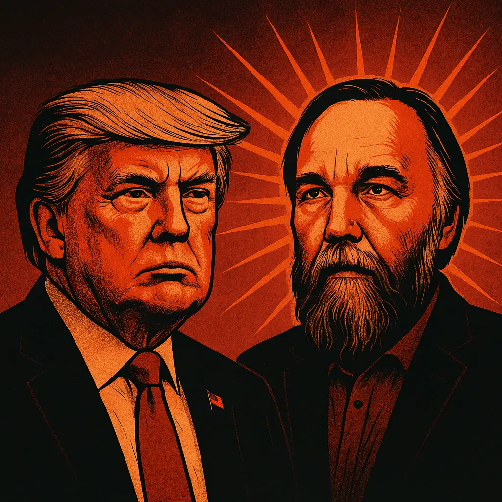 A digital illustration features portraits of Donald Trump and Alexander Dugin side by side, rendered in bold red, orange, and black tones. Trump appears stern in a suit and tie, his expression tense, with an American flag pin on his lapel. Dugin gazes forward with a solemn intensity, his thick beard and unkempt hair highlighted by radiating orange rays behind his head, evoking a dark, iconographic halo. The background is a deep red gradient, reinforcing the dramatic and ideological tone of the piece.