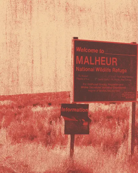 A graphic-styled image of the “Welcome to Malheur National Wildlife Refuge” sign, reimagined in a red and beige duotone. The sign stands in an arid landscape of scrubland and dry grasses, with an information box beneath it. The image has a grainy, textured overlay that evokes screen-printed posters or photocopied resistance flyers, giving it a raw, politicised aesthetic. The harsh red tones and washed-out background suggest heat, hostility, and defiance.