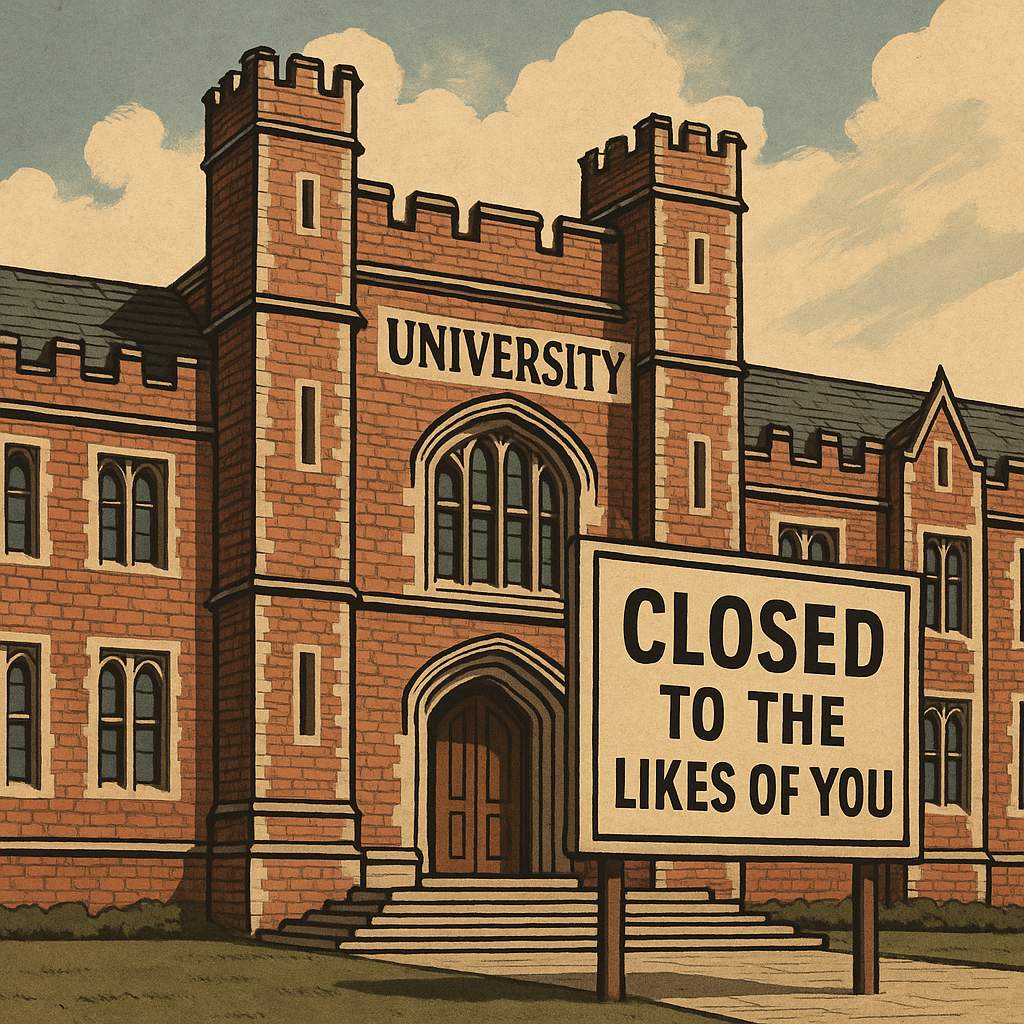A satirical illustration of a grand Gothic-style university building with a large sign out front that reads: “CLOSED TO THE LIKES OF YOU,” highlighting the exclusion of ordinary people from higher education.