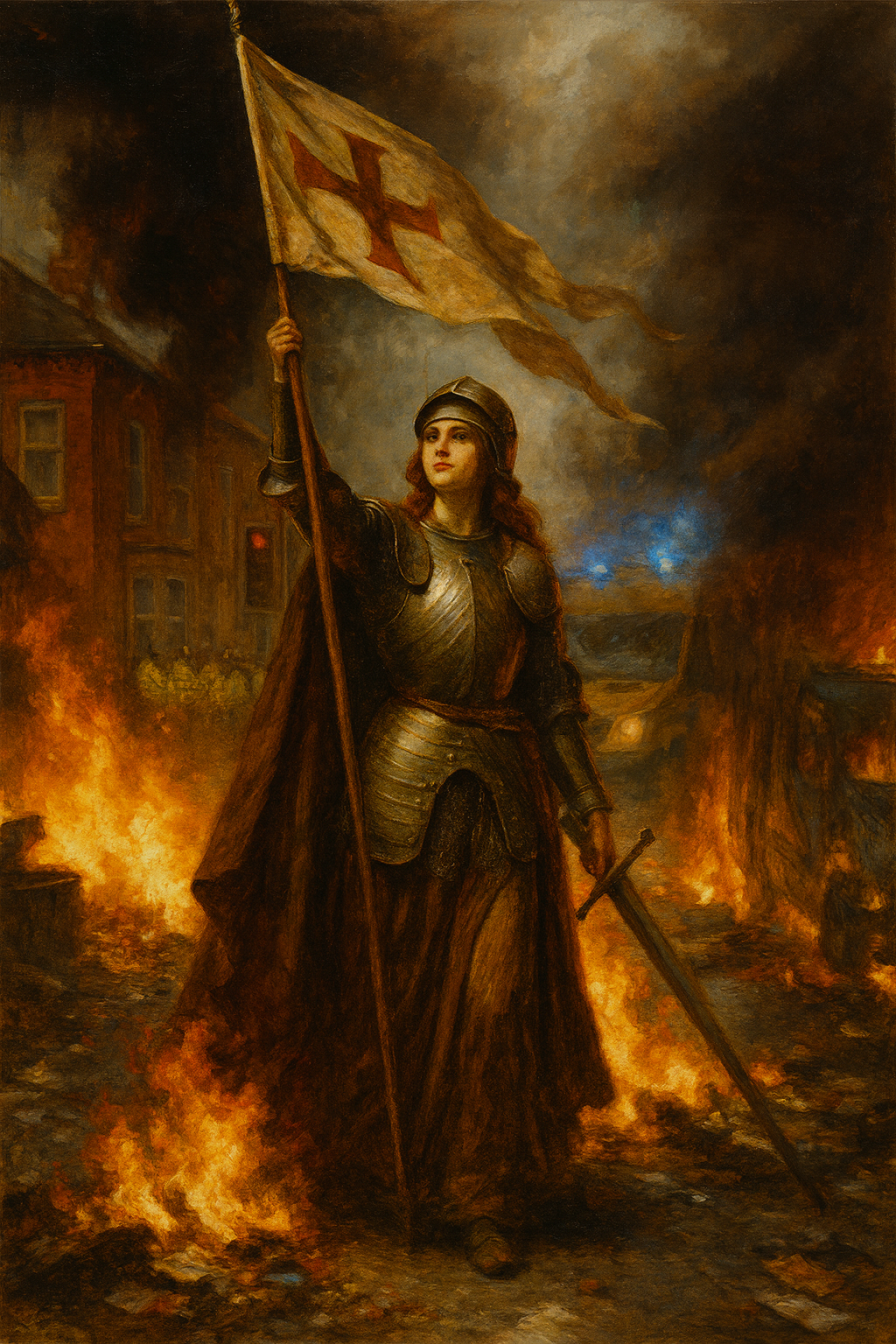A realist oil painting shows a Joan of Arc–like figure in medieval armour standing amid urban chaos. Flames engulf the street, sending black smoke into the air as police and emergency vehicles appear in the background. She raises a banner with a red cross high above her head while holding a sword at her side