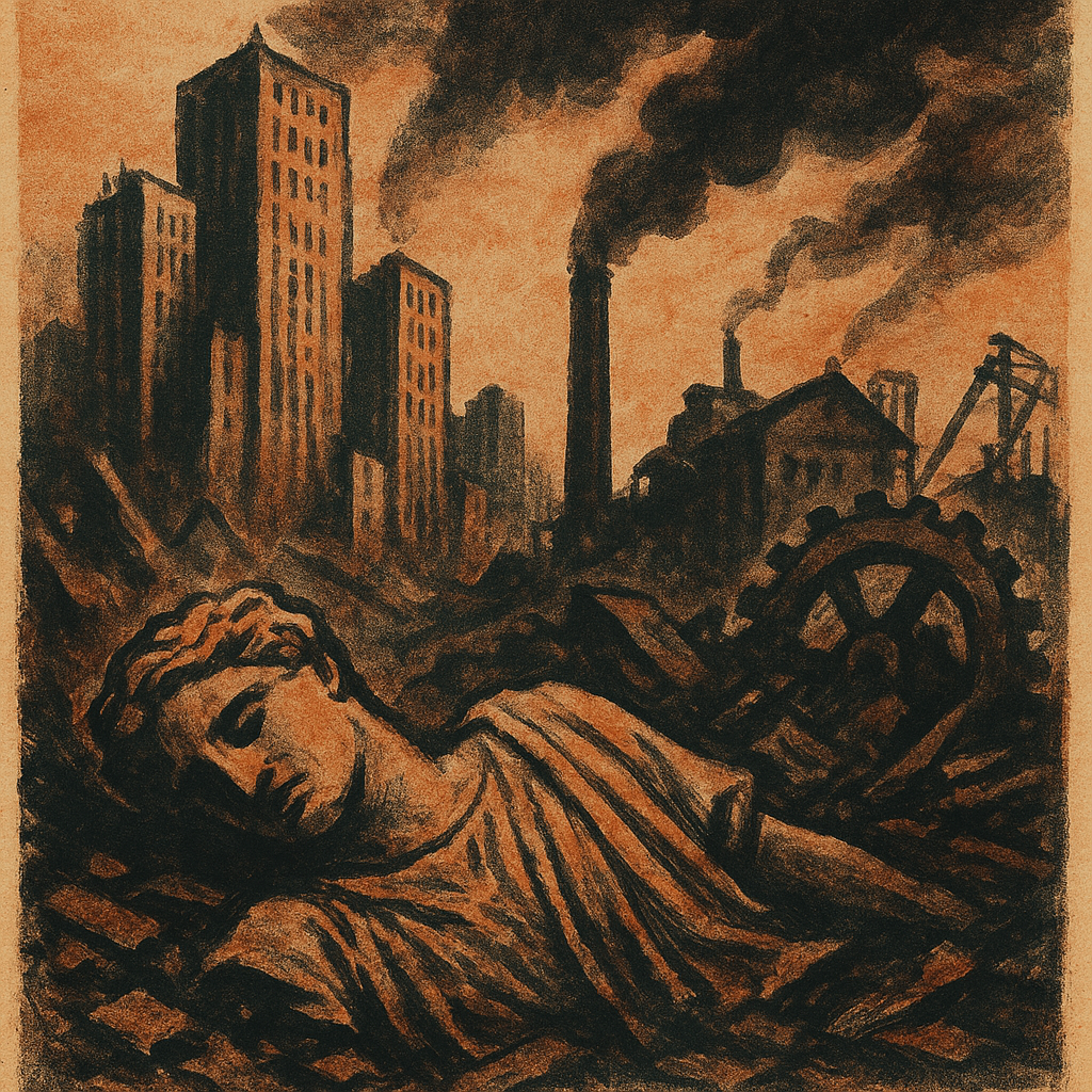 A grainy, newsprint-style illustration in muted red-brown tones shows a toppled classical statue lying in rubble before a backdrop of crumbling skyscrapers, smoking factory chimneys, and a shattered industrial gear—evoking the collapse of both human ideals and industrial modernity.