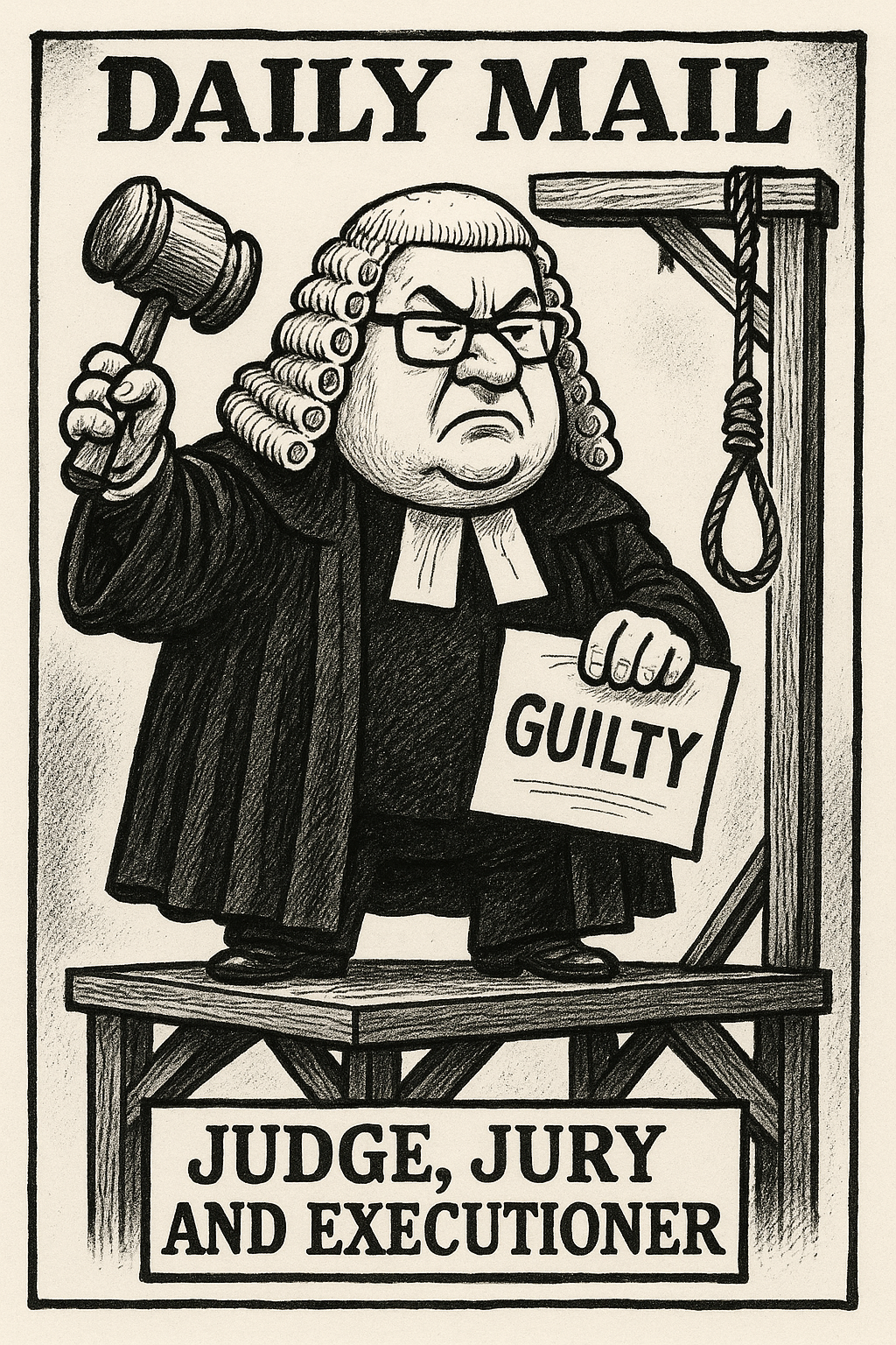 A black-and-white satirical cartoon depicts a stern Daily Mail journalist dressed as a judge in full wig and robe, holding a gavel in one hand and a sign reading “GUILTY” in the other. He stands on a gallows platform beside a hanging noose, with the caption below reading “JUDGE, JURY AND EXECUTIONER.” The title “DAILY MAIL” looms overhead, suggesting the paper acts as a one-man court of condemnation.
