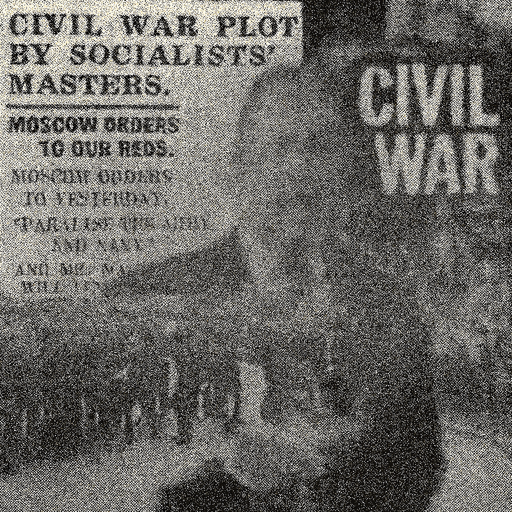 Black-and-white halftone-style collage combining three elements: the 1924 Daily Mail “Civil War Plot by Socialists’ Masters” headline, a photograph of Enoch Powell speaking at a microphone and holding papers, and a lower strip showing a line of police clashing with protesters, evoking themes of political unrest and authoritarian response in Britain.