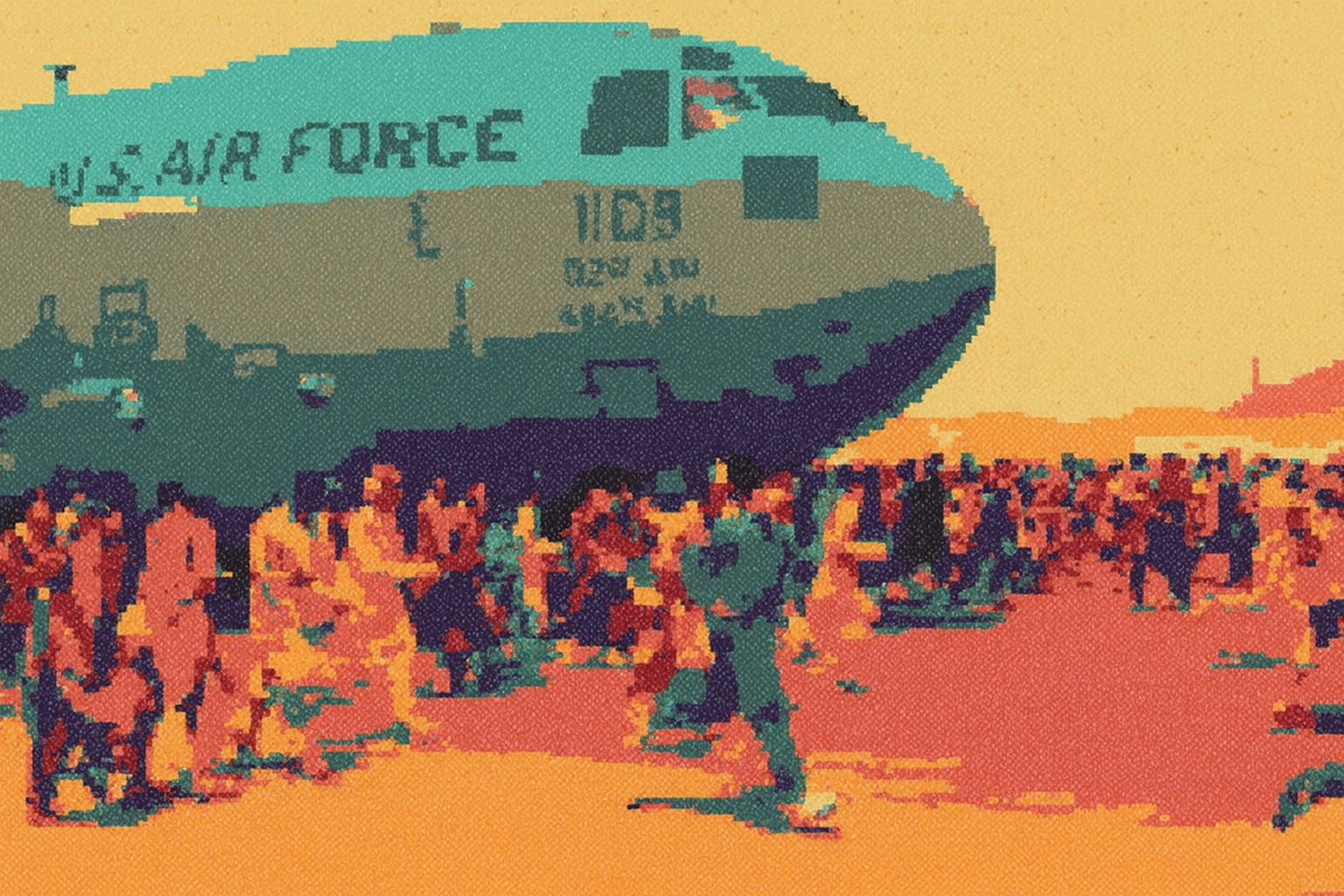 A large U.S. Air Force plane on a runway, with crowds of people running around it. The scene is rendered in flat tones of teal, red, orange, and yellow, giving it a distressed newsprint effect.