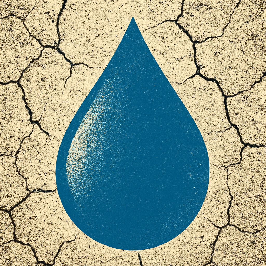 A textured graphic illustration shows a large, vivid blue water droplet set against a cracked, parched earth background. The droplet appears smooth and stylised, contrasting sharply with the grainy beige soil and jagged black fissures, evoking drought, scarcity, and the fragile symbolism of water amid environmental collapse.
