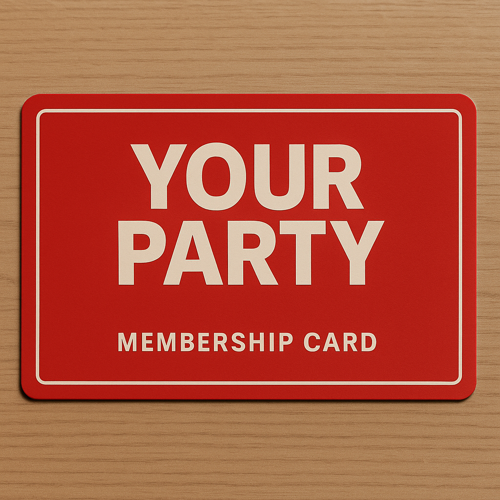 A red membership card with bold white text reading “YOUR PARTY” and smaller text below that says “MEMBERSHIP CARD,” set against a light wooden surface. The design is clean and modern, with rounded corners and a thin white border around the edge of the card.