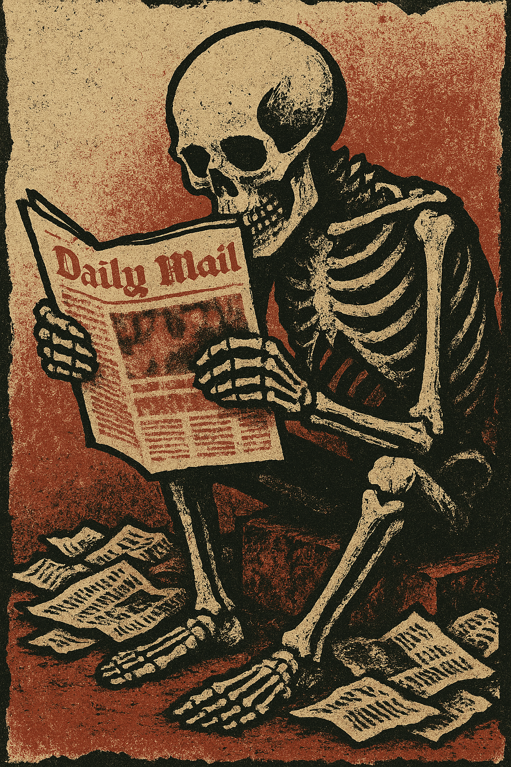 illustration of a skeleton hunched over reading a copy of the Daily Mail, surrounded by crumpled newspapers on the floor, in muted beige, black, and faded red tones with rough, distressed edges.