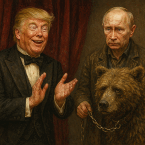 Donald Trump–like figure dressed in a tuxedo clapping enthusiastically, standing beside a stern Vladimir Putin–like figure holding a chained brown bear. The background is a dark curtain, giving the scene a theatrical, vaudeville atmosphere.
