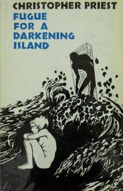 Cover of Fugue for a Darkening Island by Christopher Priest, featuring an abstract black-and-white illustration of two human figures amid swirling, wave-like shapes — one crouched with arms around knees in the foreground, the other standing in a doorway — with the title in blue and black block letters at the top left.