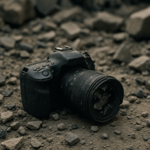 A broken DSLR camera with a shattered lens lies on dusty rubble in Gaza, surrounded by chunks of concrete and scattered stones, evoking the aftermath of destruction.