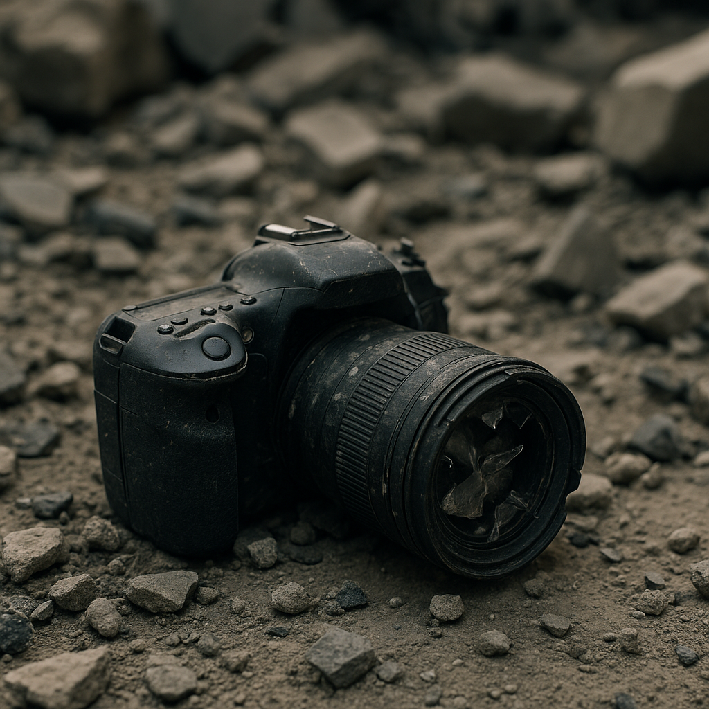 A broken DSLR camera with a shattered lens lies on dusty rubble in Gaza, surrounded by chunks of concrete and scattered stones, evoking the aftermath of destruction.