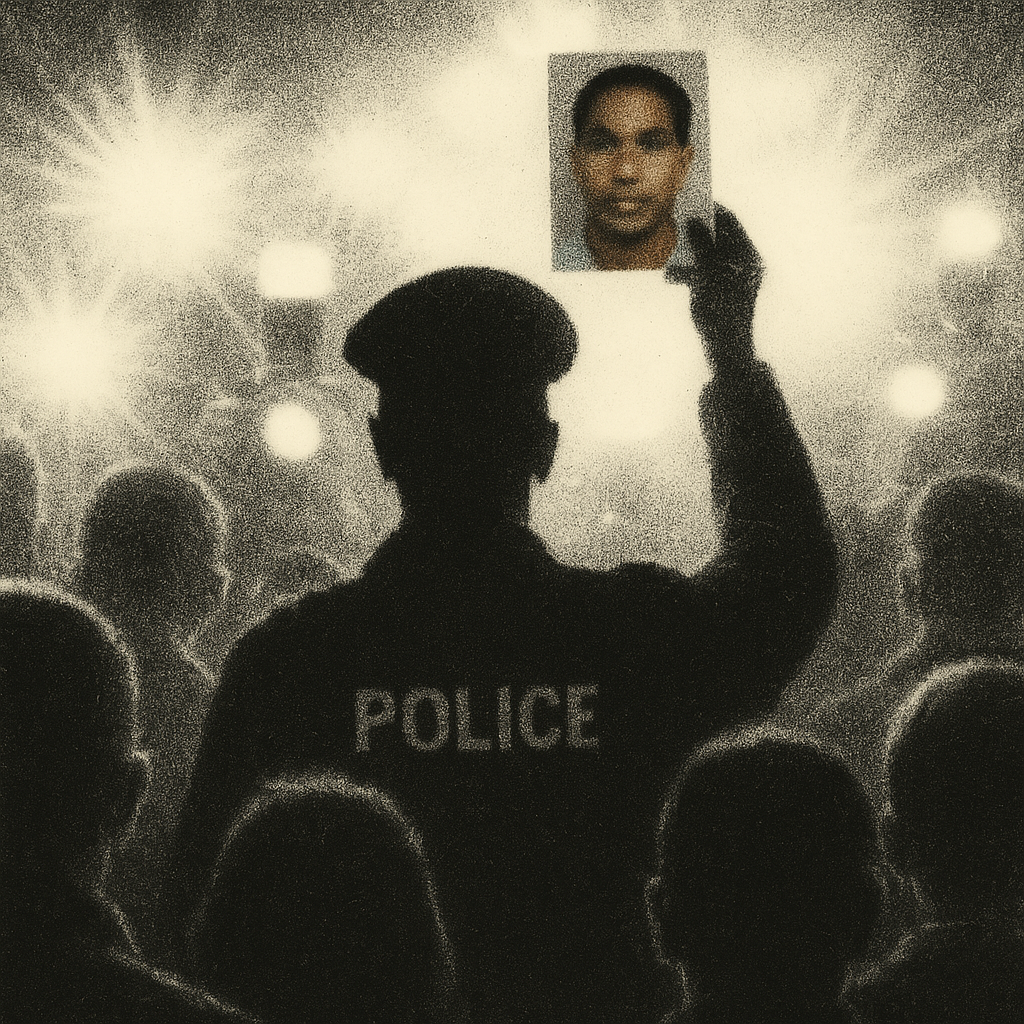 Grainy black-and-white, newspaper style showing the silhouette of a police officer facing a crowd, holding up a blurred mugshot. Camera flashes from photographers in the background illuminate the scene, casting stark light and deep shadows, evoking a sense of public spectacle and mob judgment.