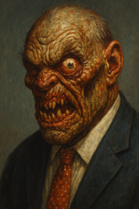 A grotesque, monstrous humanoid wearing a suit and red tie, with mottled, warty skin, bulging bloodshot eyes, a snarling mouth full of jagged yellow teeth, and an overall twisted, menacing expression, set against a dark, muted background.