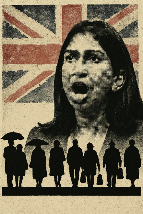 A vintage-style protest poster featuring a grainy halftone image of Suella Braverman mid-speech, mouth open as if addressing a crowd. Behind her is a weathered, stencil-like Union Jack in faded red, blue, and beige, with torn and peeling edges. At the bottom, silhouettes of “ordinary folk” holding shopping bags and umbrellas stand in a row, rendered as cut-out shapes against a muted beige background