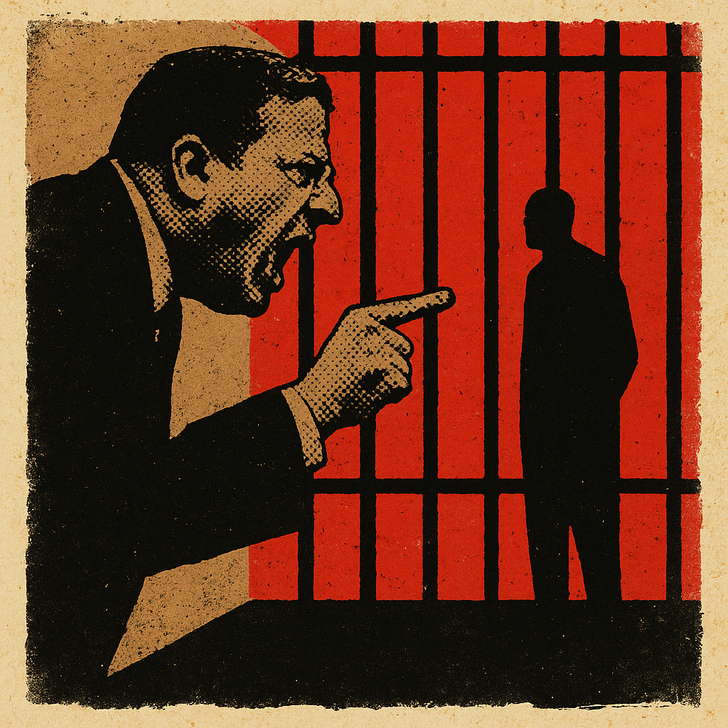 Halftone image in black, deep red, and beige. In the foreground, a man’s silhouette leans forward aggressively, mouth open mid-shout, finger pointed at a smaller, upright figure in the corner. Vertical prison bars dominate the red background, evoking confinement and humiliation.