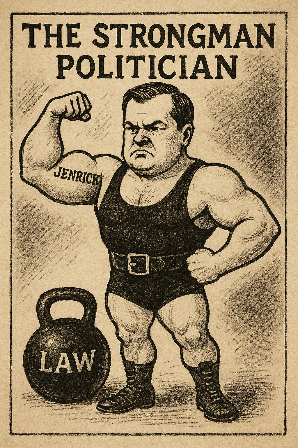 A satirical vintage-style newspaper cartoon of a stocky, muscular politician dressed as a circus strongman. He stands in a black singlet with a thick belt, flexing one arm to show a bicep tattoo reading “Jenrick.” His expression is stern and scowling. At his feet is a heavy kettlebell labelled “LAW.” The caption above reads “THE STRONGMAN POLITICIAN.