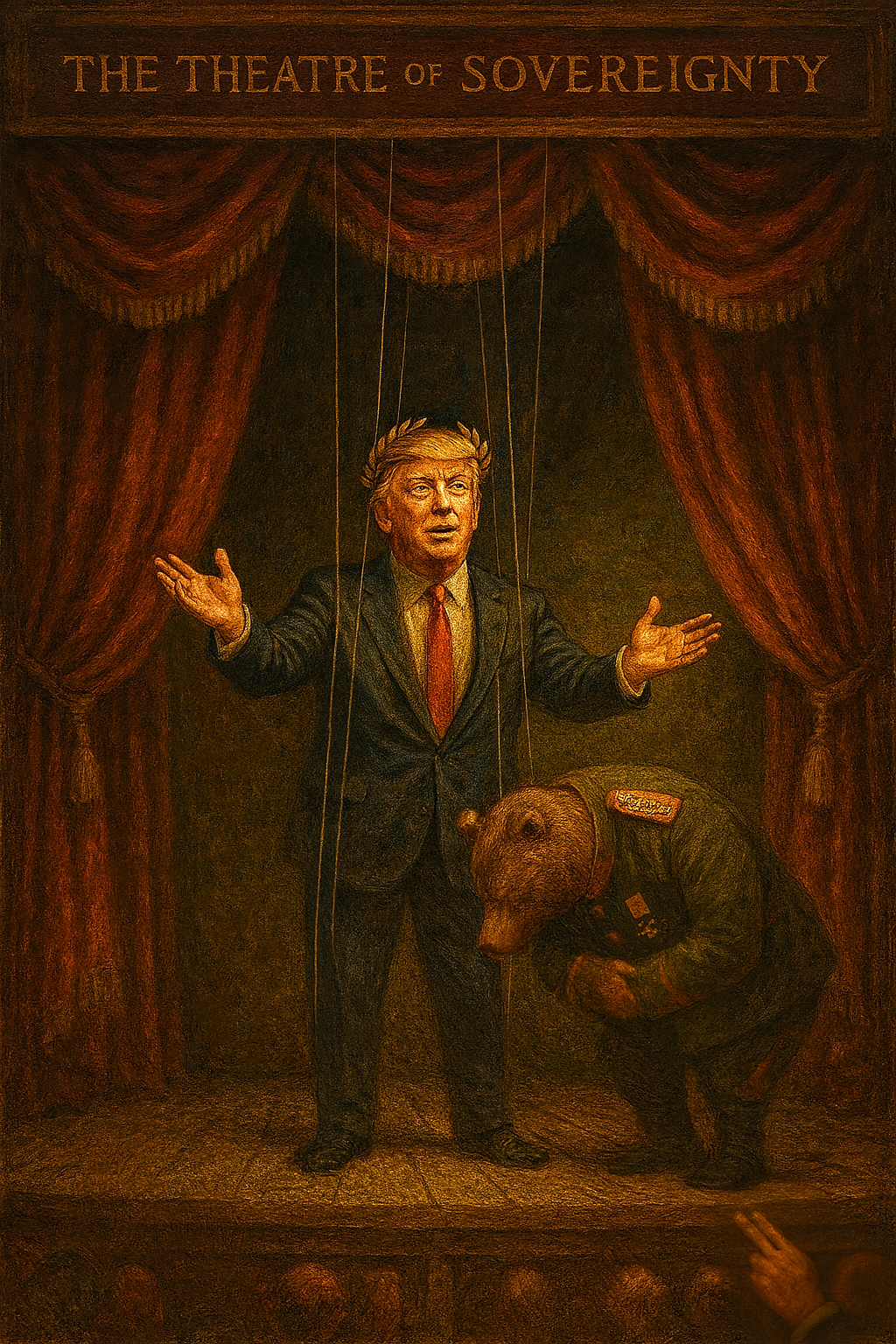 An oil painting titled The Theatre of Sovereignty. A Trump-like figure in a suit and red tie, crowned with a Caesar’s laurel, stands centre stage with puppet strings descending from above to control him. He gestures outward with both hands while a bear in a Russian general’s uniform bows deeply beside him. Heavy red curtains frame the stage, and the title appears above in gold lettering.