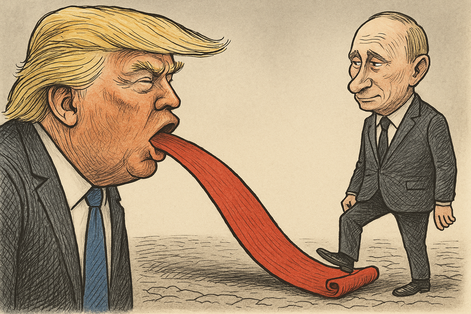 A satirical political cartoon shows a caricature of Donald Trump in a suit and blue tie on the left, with a long red carpet unfurling from his open mouth like a tongue. On the right, a caricature of Vladimir Putin in a dark suit and tie steps confidently onto the carpet, looking toward Trump with a smug expression. The background is plain and muted, drawing focus to the exaggerated figures and the symbolic red carpet.