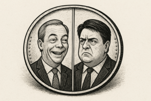 Satirical illustration of a coin with two faces: one side shows a smiling Nigel Farage in a suit, the other side shows a stern, frowning Nick Griffin in a suit, symbolising two sides of the same coin